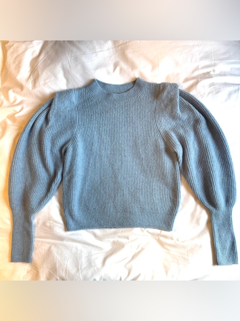 Generation Love Pale Blue Ribbed Petinia Sweater with sleeve detail. Soft Wool